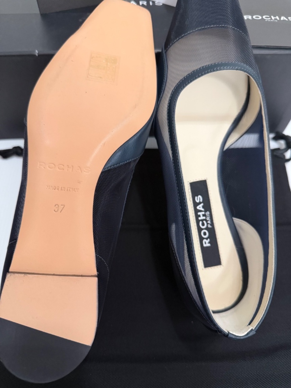 Rochas Paris Sheer Mesh Square Toe Ballet Flats - Navy Blue 37 - Picture 13 of 13